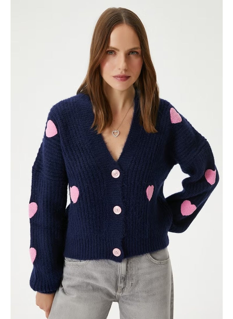 Ritnice Women's Cozy Navy Blue Pink Heart Embroidered Knitwear Cardigan - Image 1